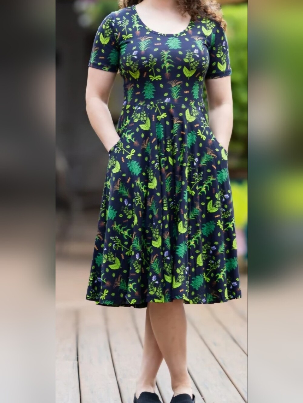 Fit-and-Flare Navy Skater Skirt with Green Botanical Print